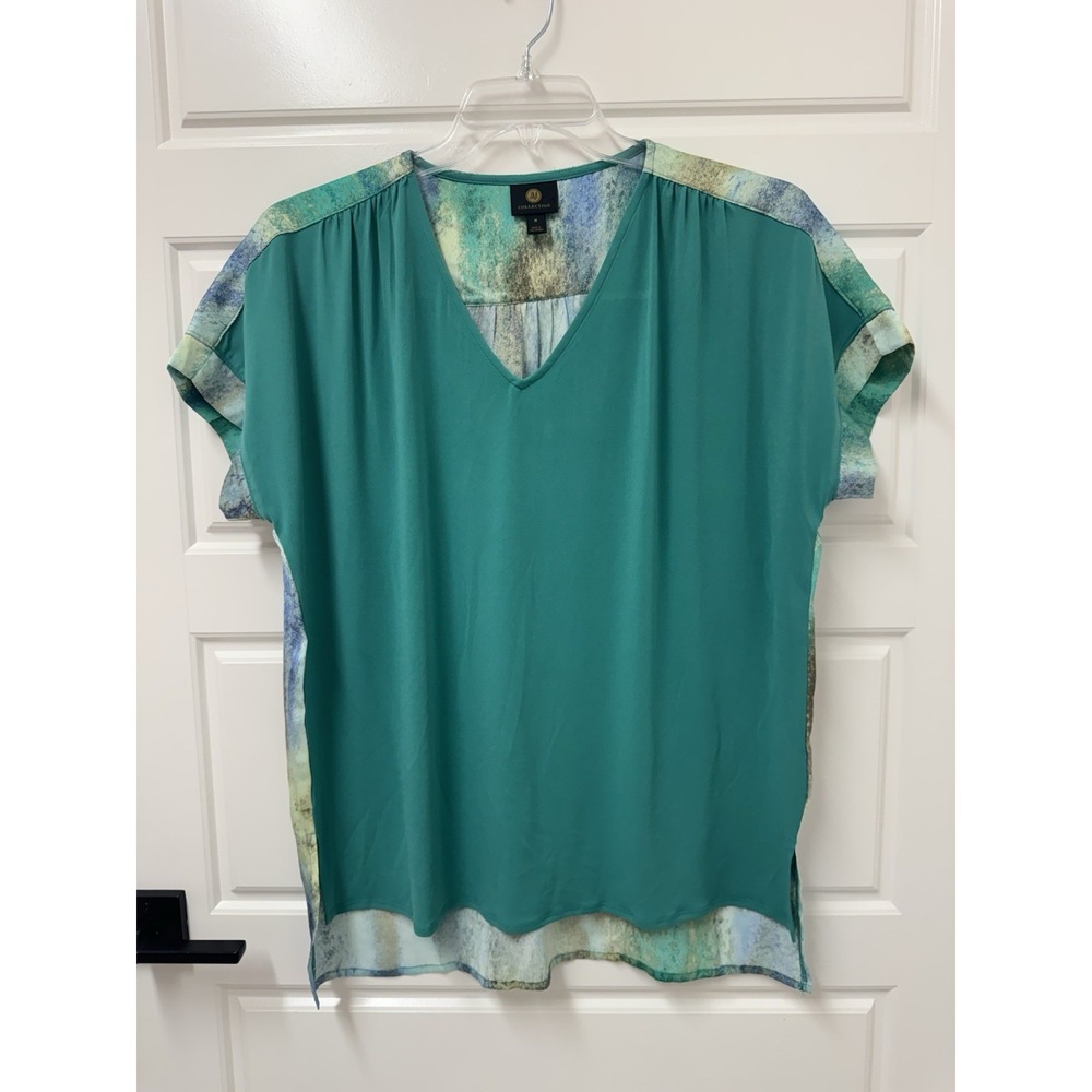 JM Collection Womens Green Abstract Print V-Neck Hi-Lo Hem Blouse Top Medium